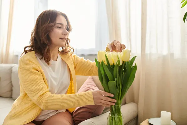 Frau mittleren Alters hält friedlich einen zarten Blumenstrauß, während sie auf einer bequemen Couch sitzt. — Stockfoto
