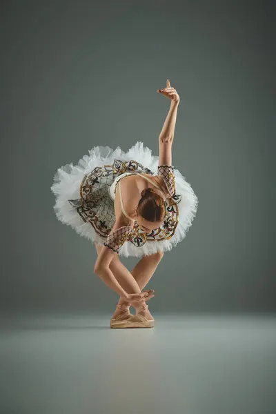 A young beautiful ballerina in a tutu gracefully poses while dancing en pointe. — Stock Photo