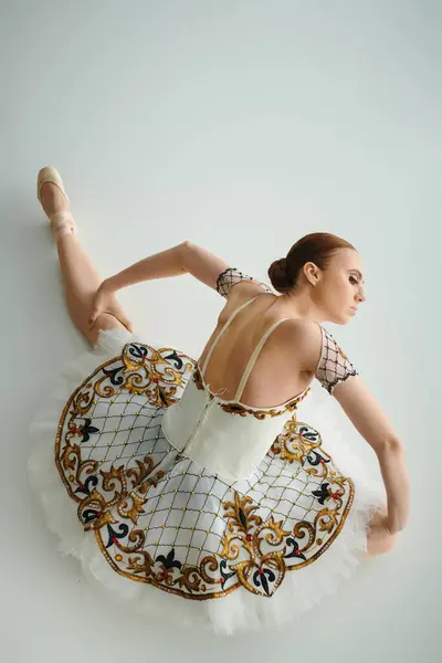 Young talented ballerina dancing gracefully in tutu and leotard. — Stock Photo