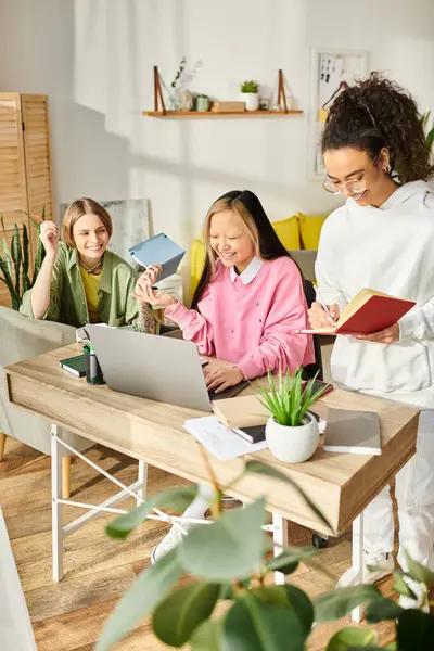 Un groupe diversifié d'adolescentes rassemblées autour d'un ordinateur portable, engagées dans l'étude et la promotion de l'amitié dans le confort de la maison. — Photo de stock