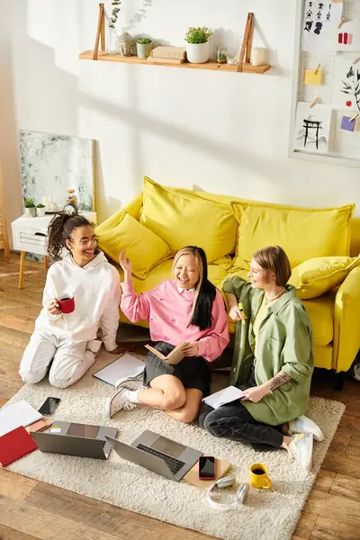 Des adolescentes multiculturelles étudient ensemble sur un tapis blanc, montrant l'unité, l'amitié et l'éducation partagée. — Photo de stock
