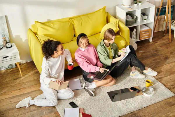 Drei unterschiedliche Teenager-Mädchen konzentrieren sich während ihrer Zusammenarbeit und ihres gemeinsamen Lernens in einer gemütlichen häuslichen Umgebung zutiefst auf einen Laptop.. — Stockfoto