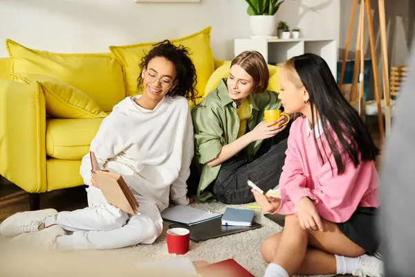 Eine intime Szene entfaltet sich, als eine bunte Gruppe Teenager-Mädchen auf dem Fußboden sitzt und vor einer leuchtend gelben Couch mit ihren Studien beschäftigt ist.. — Stockfoto