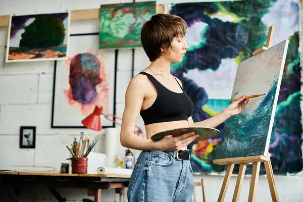Una mujer en una camiseta negra se centra en la pintura de una obra maestra. - foto de stock
