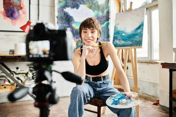 Una donna su una sedia guarda una macchina fotografica. — Foto stock