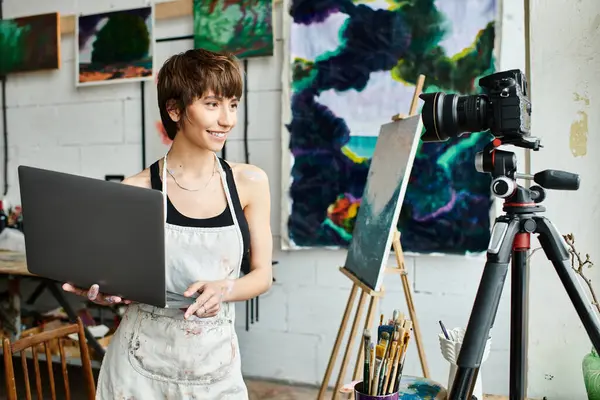 A woman holding a laptop up to a camera, sharing insights digitally. — Stock Photo
