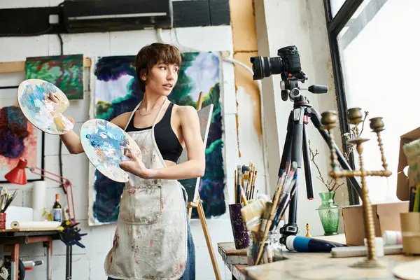 Una mujer equilibrada sostiene cuidadosamente paletas en un ambiente de estudio bien iluminado. - foto de stock
