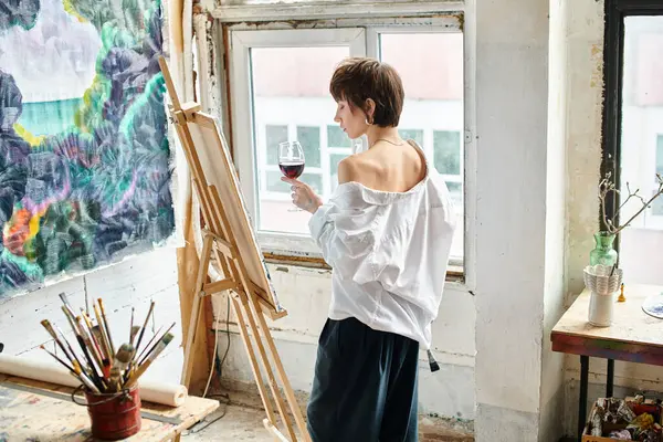 Une femme regarde par la fenêtre tout en tenant un verre de vin. — Photo de stock