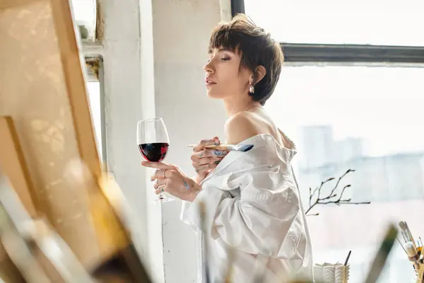 Elegante donna regge con grazia un bicchiere di vino rosso. — Foto stock