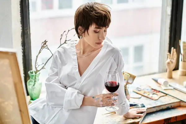 Una donna regge con grazia un bicchiere di vino rosso, assaporando le sue profonde tonalità e il suo ricco aroma.. — Foto stock