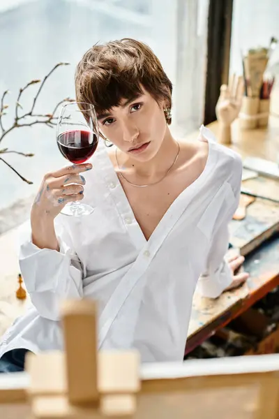 Femme élégante tenant un verre de vin rouge. — Photo de stock