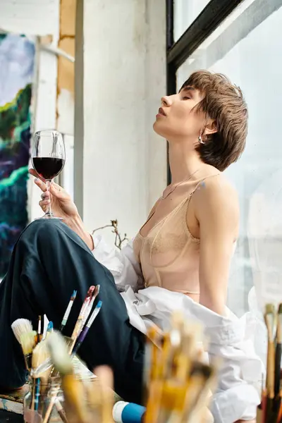 Femme sur le rebord de la woindow profite d'un verre de vin. — Photo de stock