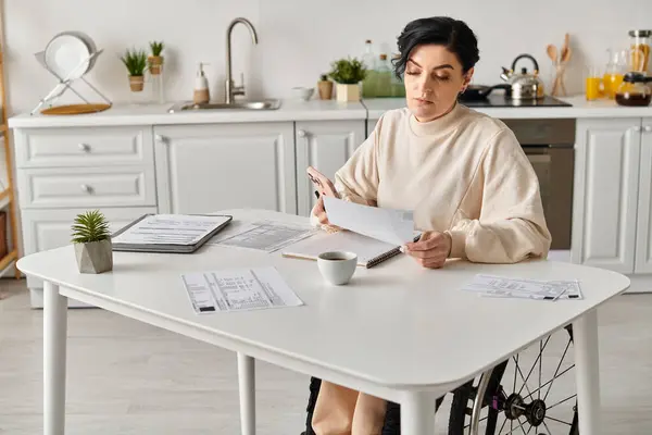 Uma mulher deficiente em uma cadeira de rodas senta-se em uma mesa de cozinha com papéis e uma xícara de café, focada em tarefas remotas de trabalho. — Fotografia de Stock