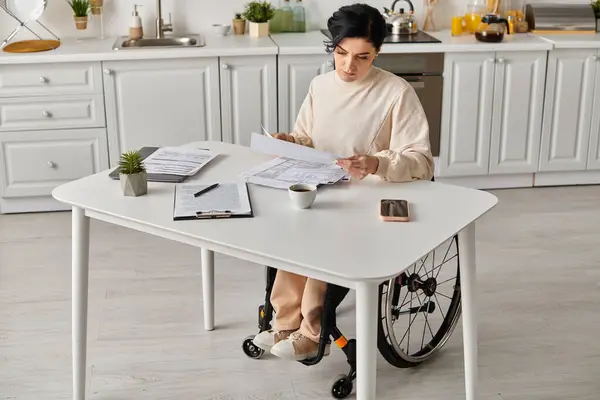Женщина в инвалидном кресле, сидящая за столом, погруженная в чтение листа бумаги на кухне. — стоковое фото