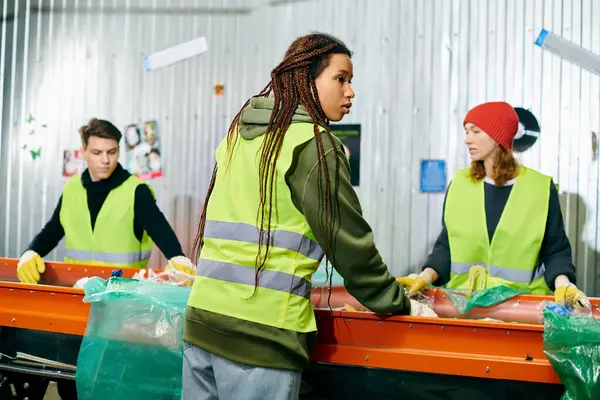 Young volunteers in gloves and safety vests sort trash together around a conveyor belt at an eco-conscious event. - foto de stock
