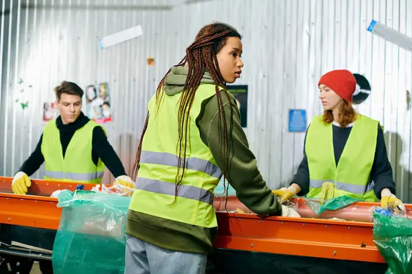 Young volunteers in gloves and safety vests sort trash together around a conveyor belt at an eco-conscious event. — Stock Photo