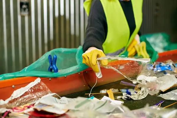 A young volunteer in a safety vest and yellow gloves sorts trash with eco-conscious people. — Stock Photo