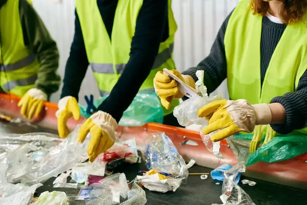 Young volunteers in yellow vests and gloves come together to sort through trash, showcasing their eco-conscious efforts. - foto de stock
