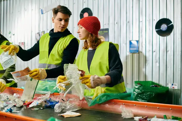 Young volunteers in gloves and safety vests work together to sort trash in a room, showing their eco-consciousness. — стокове фото
