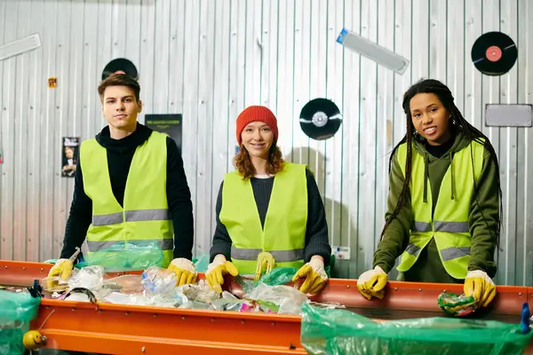A group of eco-conscious young volunteers in gloves and safety vests, standing around a table filled with garbage. - foto de stock