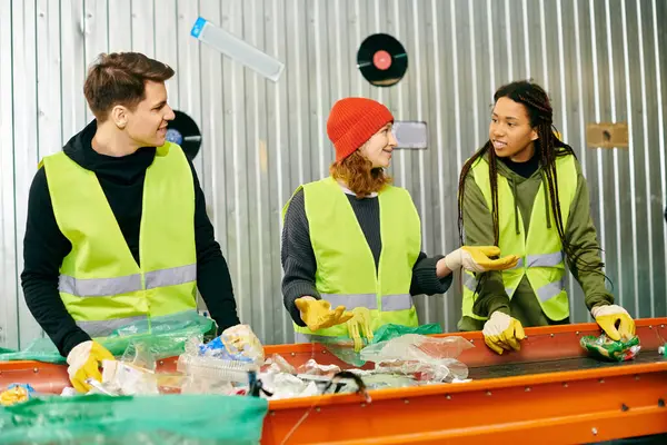 Young volunteers in gloves and safety vests sorting waste on a table, promoting eco-conscious practices. — Stock Photo
