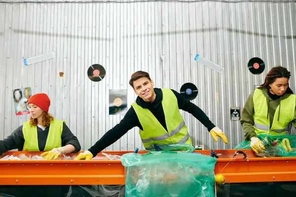 Young volunteers in gloves and safety vests collaborate to sort trash on a table. — Stock Photo