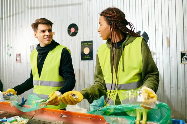 Young volunteers in gloves and safety vests sorting trash near a table in a sustainable effort. — стоковое фото
