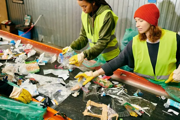 Young volunteers, wearing gloves and safety vests, sort through a pile of trash together. — Stock Photo