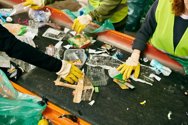 Young volunteers in safety vests sort through heaps of garbage on a table, united by a mission to clean up the environment. — Fotografia de Stock