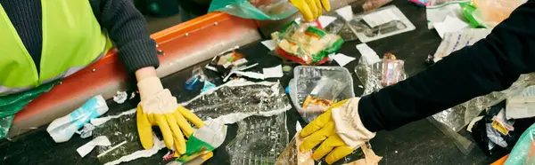 Man in gloves sorting trash with other eco-conscious volunteers. — Photo de stock