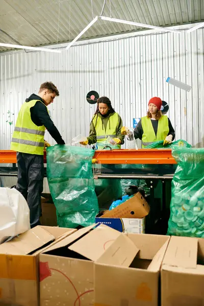 Young volunteers in gloves and safety vests work together to sort through boxes of trash at a table filled with recycling items. — Stock Photo
