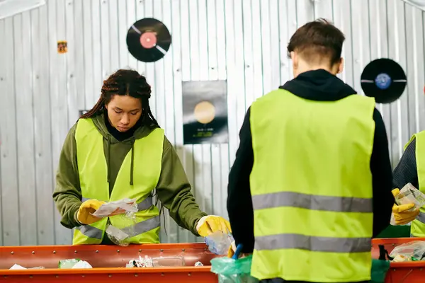 Young volunteers in gloves and safety vests stand together, sorting trash as eco-conscious individuals. — Stock Photo