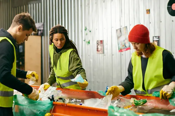 Young volunteers in gloves and safety vests sort trash while standing around a table filled with various delicious foods. — Fotografia de Stock