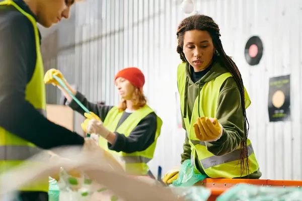 Young volunteers in gloves and safety vests work together to sort trash in a room. — Stock Photo