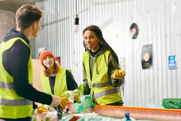 Young volunteers in gloves and safety vests gather around a table filled with waste — Stock Photo