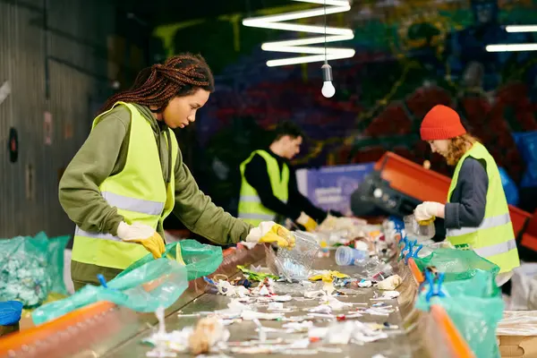 Young volunteers in gloves and safety vests gather around a table filled with waste — Stock Photo