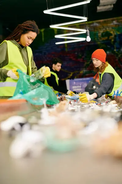 Young volunteers in gloves and safety vests sorting trash around a table brimming with food. - foto de stock
