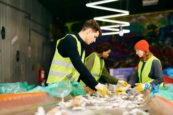 Young volunteers in gloves and safety vests sort trash in a room, demonstrating their eco-conscious behavior. — стокове фото