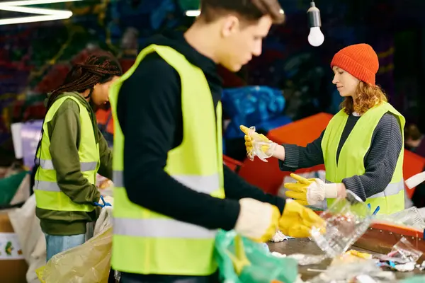 Young volunteers in gloves and safety vests stand around a table filled with food, sorting trash with eco-conscious intentions. — Photo de stock