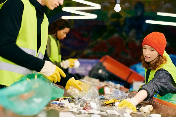 Young volunteers in gloves and safety vests gathering around a table filled with delicious, sustainable food. — Stock Photo