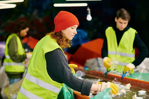 A young woman in a green vest and a man in a black shirt, wearing gloves, sorting trash as eco-conscious volunteers. — Stock Photo