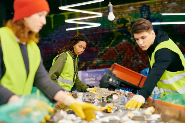 Young volunteers in safety vests and gloves working together to sort trash on table. — Fotografia de Stock