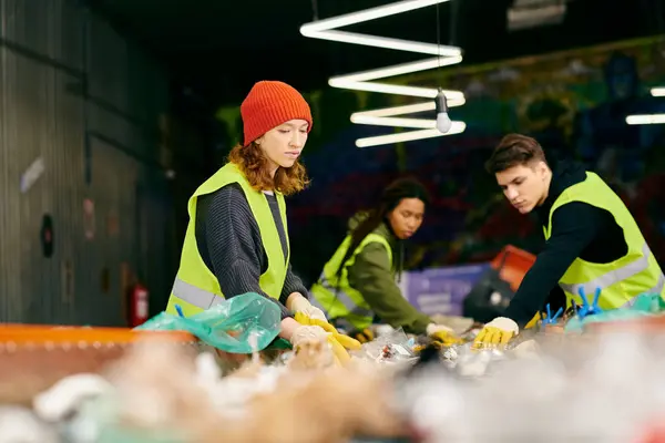 A group of young volunteers in gloves and safety vests stand around a table filled with an abundance of fresh, healthy food. - foto de stock