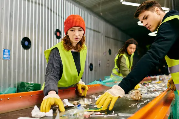 Young volunteers in gloves and safety vests sorting trash, embodying eco-conscious behavior to protect the environment. - foto de stock
