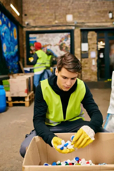 A young volunteer in a yellow vest and gloves sorts through and cleans a box of trash with an eco-conscious attitude. — стокове фото