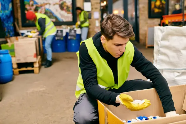 A young volunteer in a yellow vest meticulously cleans a cardboard box among a group of eco-conscious individuals. — Stock Photo