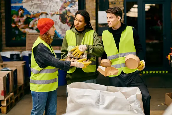 Young volunteers in safety vests sorting bananas for a sustainable cause. — Fotografia de Stock