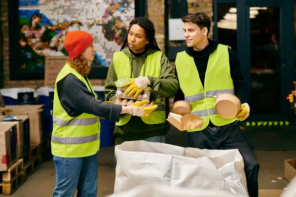 Young volunteers in safety vests sorting bananas for a sustainable cause. — Stock Photo