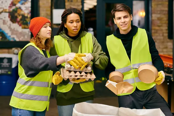 Young volunteers in safety vests sort trash, showcasing their eco-conscious actions. — Stock Photo