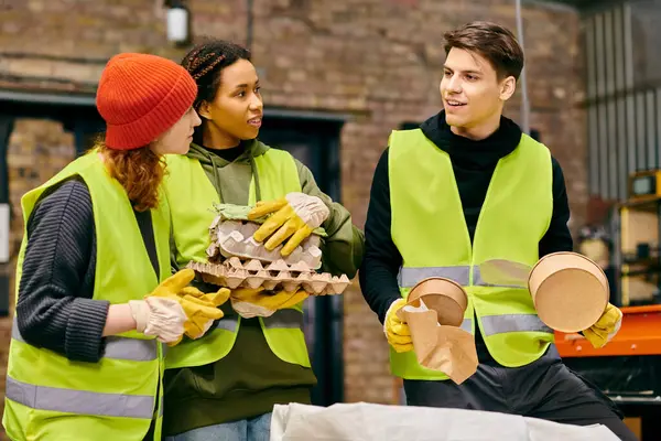 Young volunteers in gloves and safety vests sorting trash together, demonstrating eco-consciousness. — Stock Photo